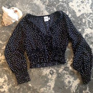 Navy Polka Dot Long Sleeve Crop Top